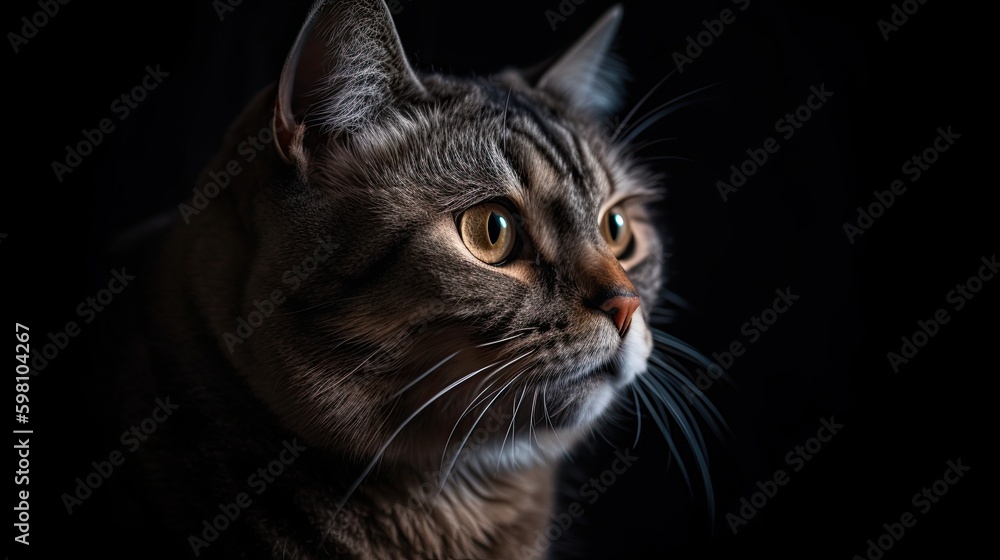Adorable Domestic Cat Staring Lovingly with Copy Space on Black Background. Generative AI
