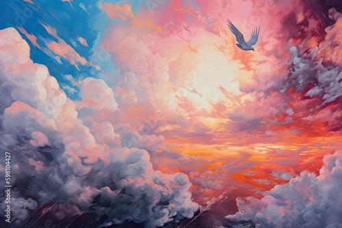 Surreal Nature Art  Bright Sun Shining Through Cumulus Clouds and Pink and Blue Skies  White Birds Flying  Generative AI