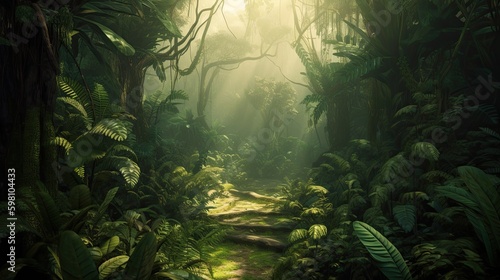 Tropical Greenery  A Digital Art of Rainforest Jungle with Lush Vegetation in the Forest Background  Generative AI