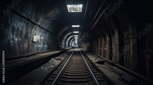 Urban Railway Oasis: Exploring the Abandoned Train Station Amidst the Bustling City Structure, Generative AI