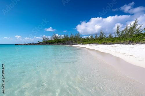 Paradise Beach with white sand and crystal clear turquoise water. Tropical destination, travel advertisement background with copy space. High quality photo Generative AI