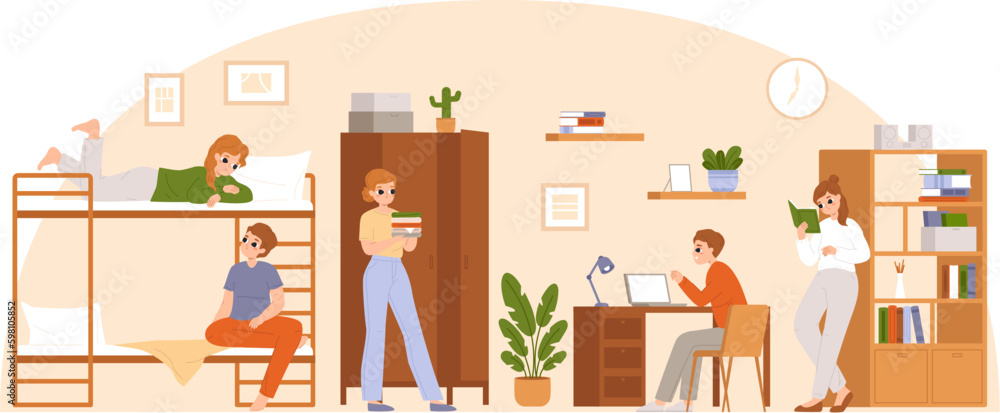 College dormitory. Student hostel area, dorm room and roommates. Teenagers in camp, students accommodation in bedroom. Snugly vector young life College dormitory. Student hostel area, dorm room and roommates. Teenagers in camp, students accommodation in bedroom. Snugly vector young life