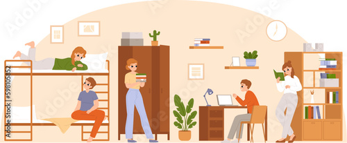 College dormitory. Student hostel area, dorm room and roommates. Teenagers in camp, students accommodation in bedroom. Snugly vector young life