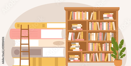 Library or bookstore concept. Wooden bookshelf and giant books pile. Knowledge, study and education vector scene. Book day background