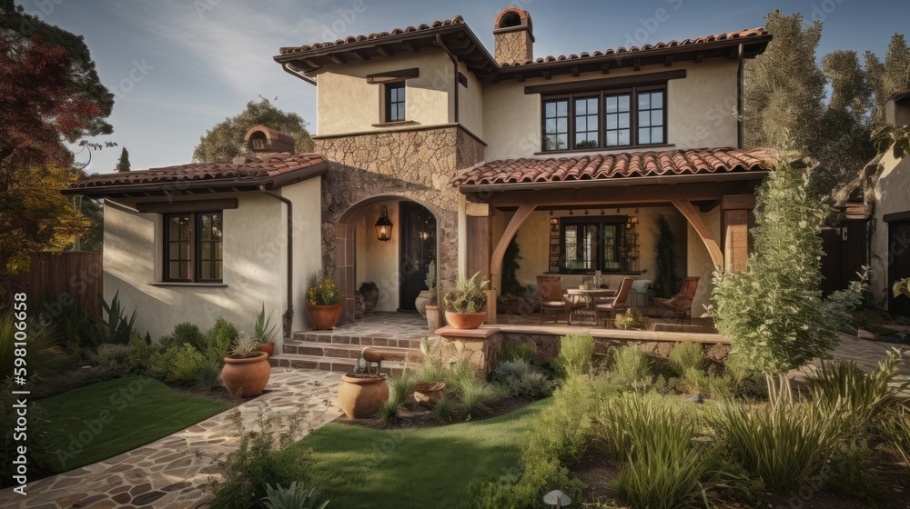 Fototapeta premium A warm exterior featuring a combination of wood and stucco. AI generated