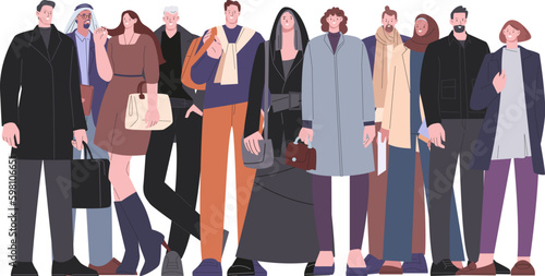 Various people stylish characters. Multicultural group, flat casual women and men. Happy adults trendy style, fashionable citizens vector set
