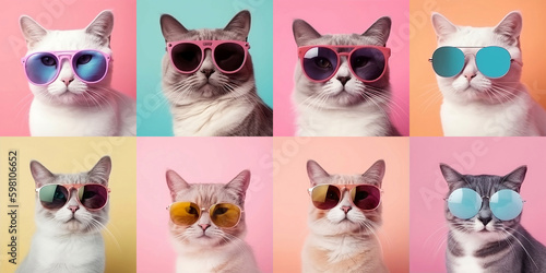 Generative AI. Set of photos generated by artificial intelligence. Fashionable stylish white and gray cat in glasses with round frame on multicolored pink, blue, yellow background. Pet care concept