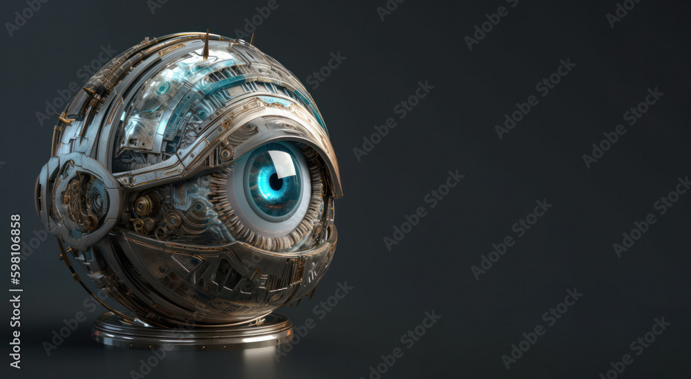 Mechanical device with a large eye, the perfect representation of a bionic eye. Stylized robotic eye with advanced artificial intelligence and high-tech engineering. AI Generative Generative AI