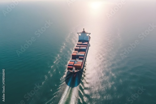 An aerial view of a cargo ship leaving a white trail across the ocean.