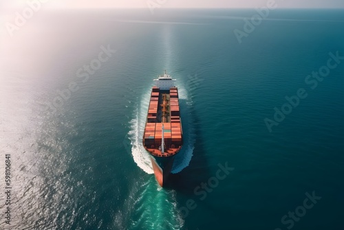 An aerial view showing the trail of a cargo ship on the ocean.