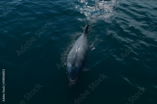 An aerial photograph of a solitary Bottlenose dolphin swimming in a blue sea.