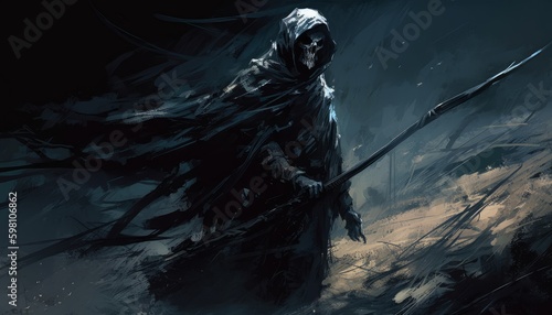 A scary grim reaper, dark and dim ai, ai generative, illustration photo