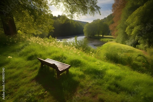 A serene park scenery with a wooden bench nestled in the lush grass overlooking a river in Dunkeld.