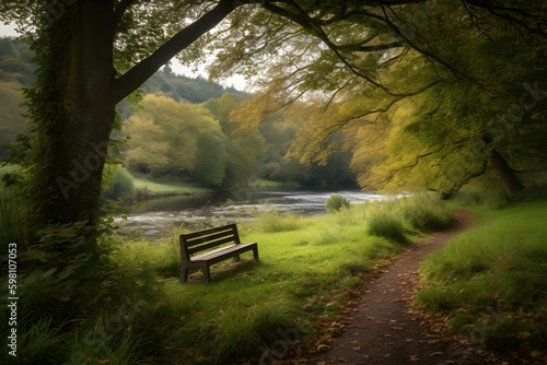 A serene, wooden bench nestled in green grass overlooking a flowing river in Dunkeld.
