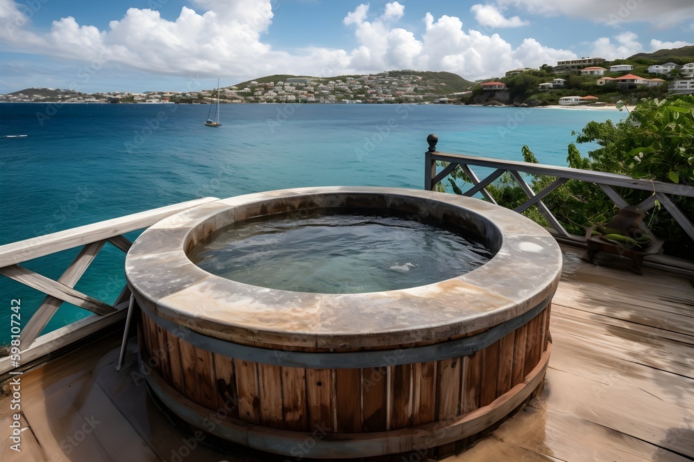 A luxurious jacuzzi on the beautiful Caribbean island of Grenada with a stunning view of the clear blue sea.
