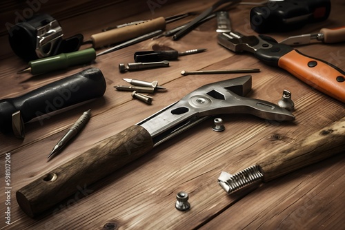 A DIY toolkit featuring essential tools such as a hammer, nails, screws, and screwdrivers.