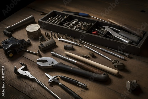 A DIY toolkit with essential tools including a hammer, nails, screws, and screwdriver.