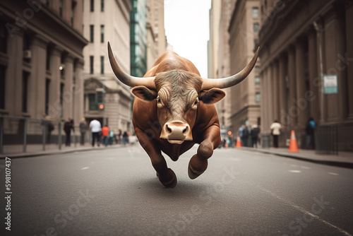 Bull market, a brown bull powerfully runs through a wide street of New York, high concentration as a strong will in the eyes of the bull, concept of business and stock market. Generative AI