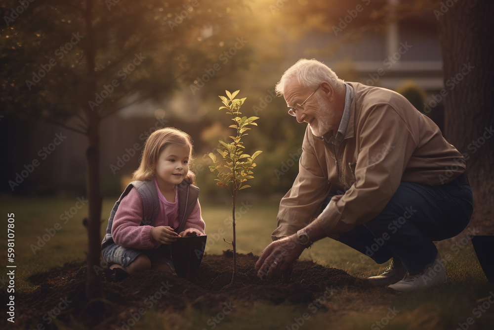 A grandfather planting a tree sapling with his granddaughter in a garden at dusk. Generative AI