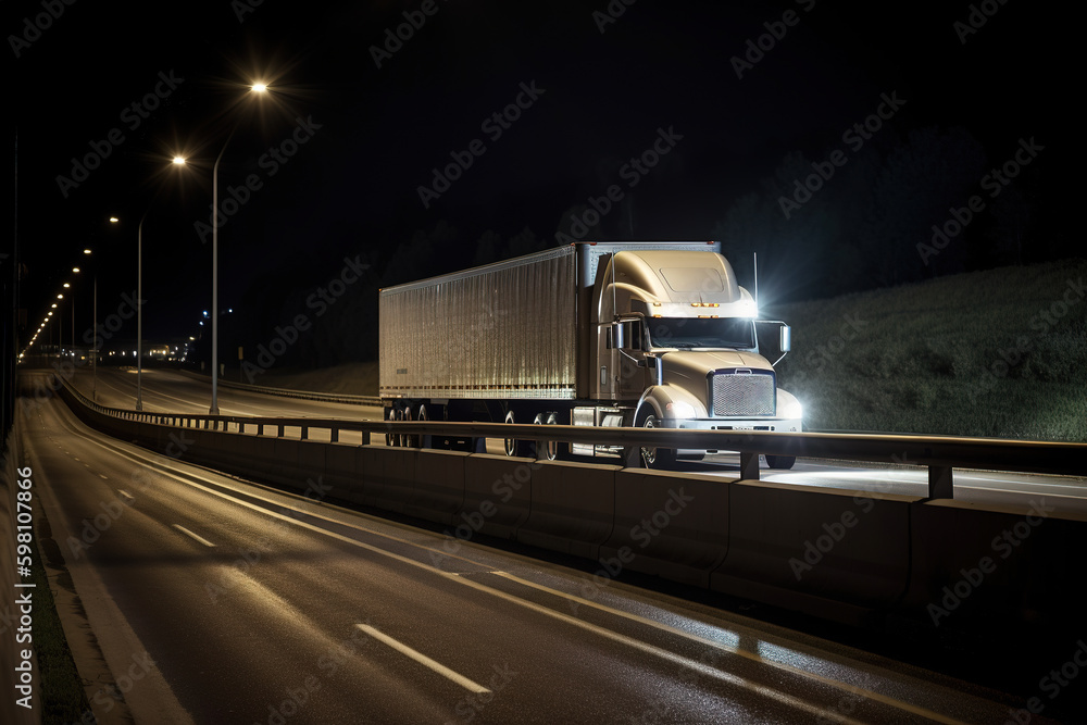 A large american semi-trailer moves along the highway at night with its headlights on. Generative AI