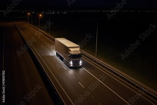 A large european semi-trailer moves along the highway at night with its headlights on. Generative AI