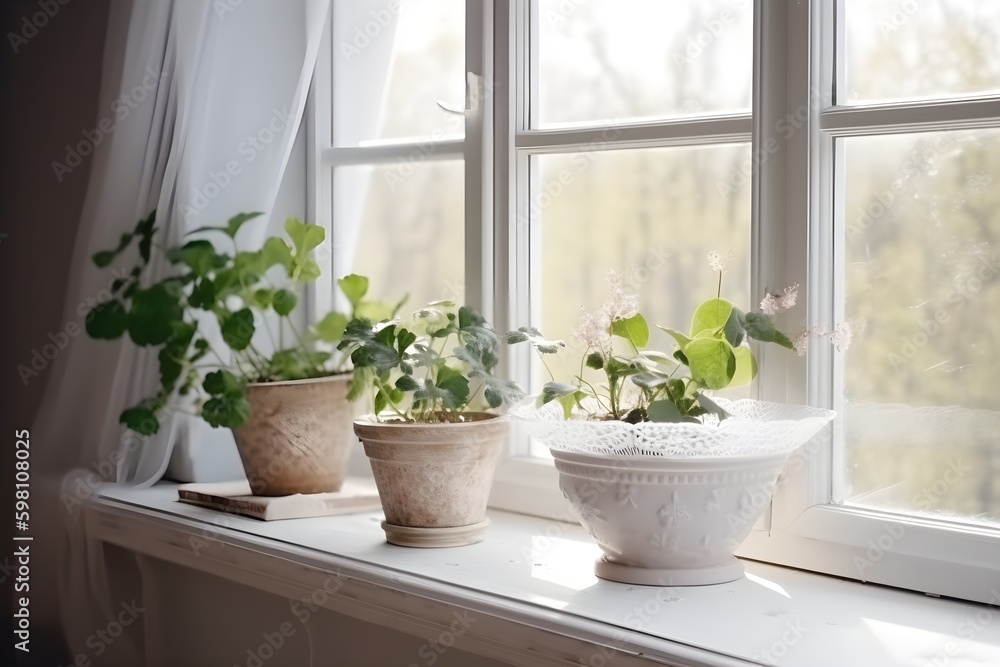 A window adorned with white tulle curtains and surrounded by potted plants.