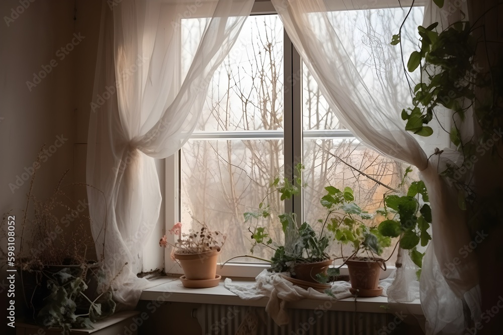 A window adorned with white tulle curtains and several potted plants placed on the windowsill.