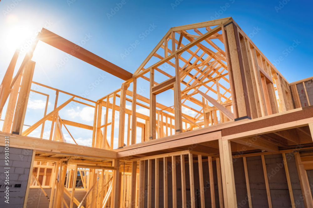 New house under construction. Wooden frame with truss, post and beams. Manufacture of houses made of wood. Created with Generative AI New house under construction. Wooden frame with truss, post and beams. Manufacture of houses made of wood. Created with Generative AI
