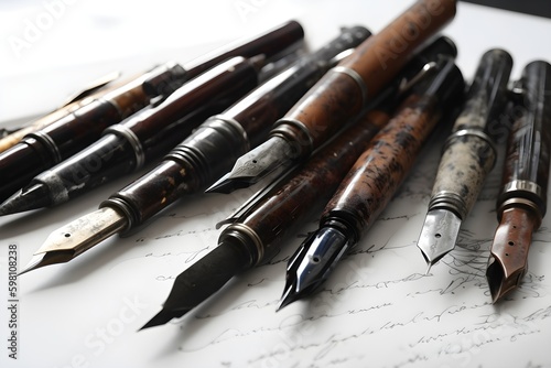 A collection of vintage writing pens featuring metal nibs and wooden handles.