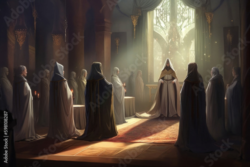 Secret society ceremony, people in hoods praying together. Members of sect perform the ritual in dark hall. Dark Religion and magical Occultism. Created with Generative AI