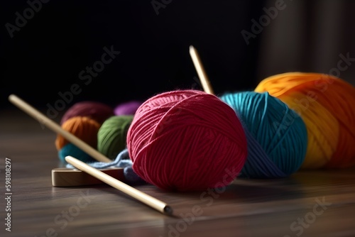 A set of colorful knitting needles resting on top of a matching ball of yarn.