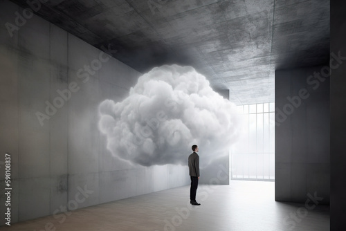 Businessman stands in modern interior room with floating cloud near. Digitally generated AI image © 0livia