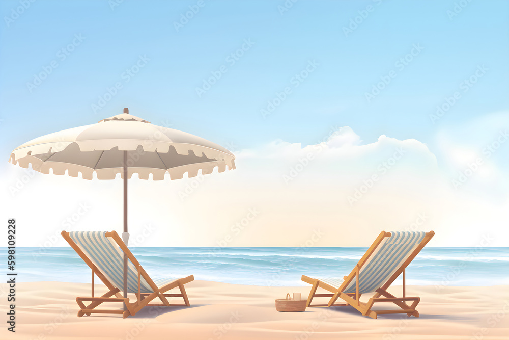 Deck chairs and beach umbrella on a sandy beach, copy space, Generative AI