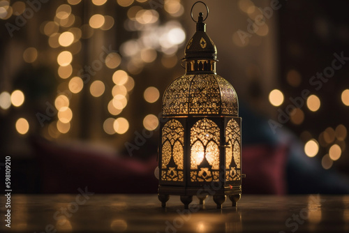 Original traditional ornate oriental lantern with beautiful bokeh of holiday lights and mosque in background. Created using generative AI.