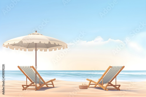 Deck chairs and beach umbrella on a sandy beach  copy space  Generative AI