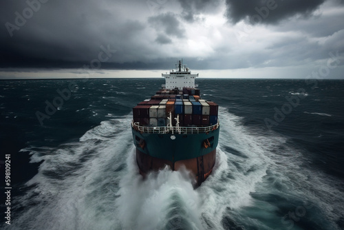 Huge barge in dark cloudy ocean. Digitally generated AI image