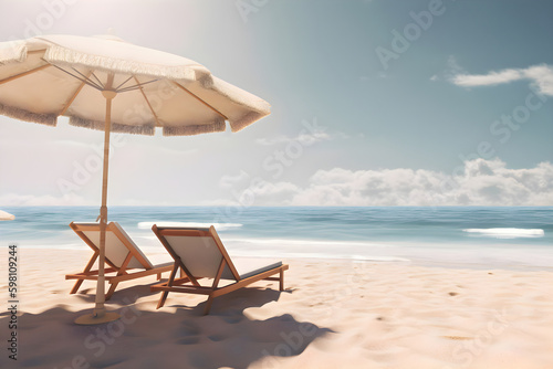 Deck chairs and beach umbrella on a sandy beach, Generative AI 6