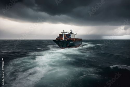 Huge barge in dark cloudy ocean. Digitally generated AI image © 0livia