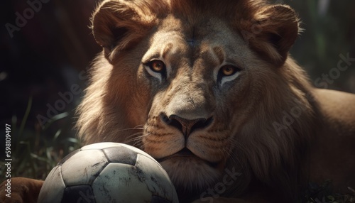 Lion staring at camera and a soccer ball.  photo