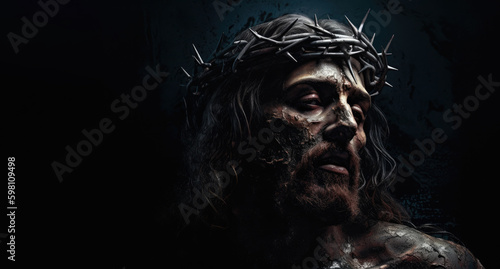Jesus Christ wearing crown of thorns Passion and Resurection. jesus day holy,Easter card, Good Friday. Generative AI