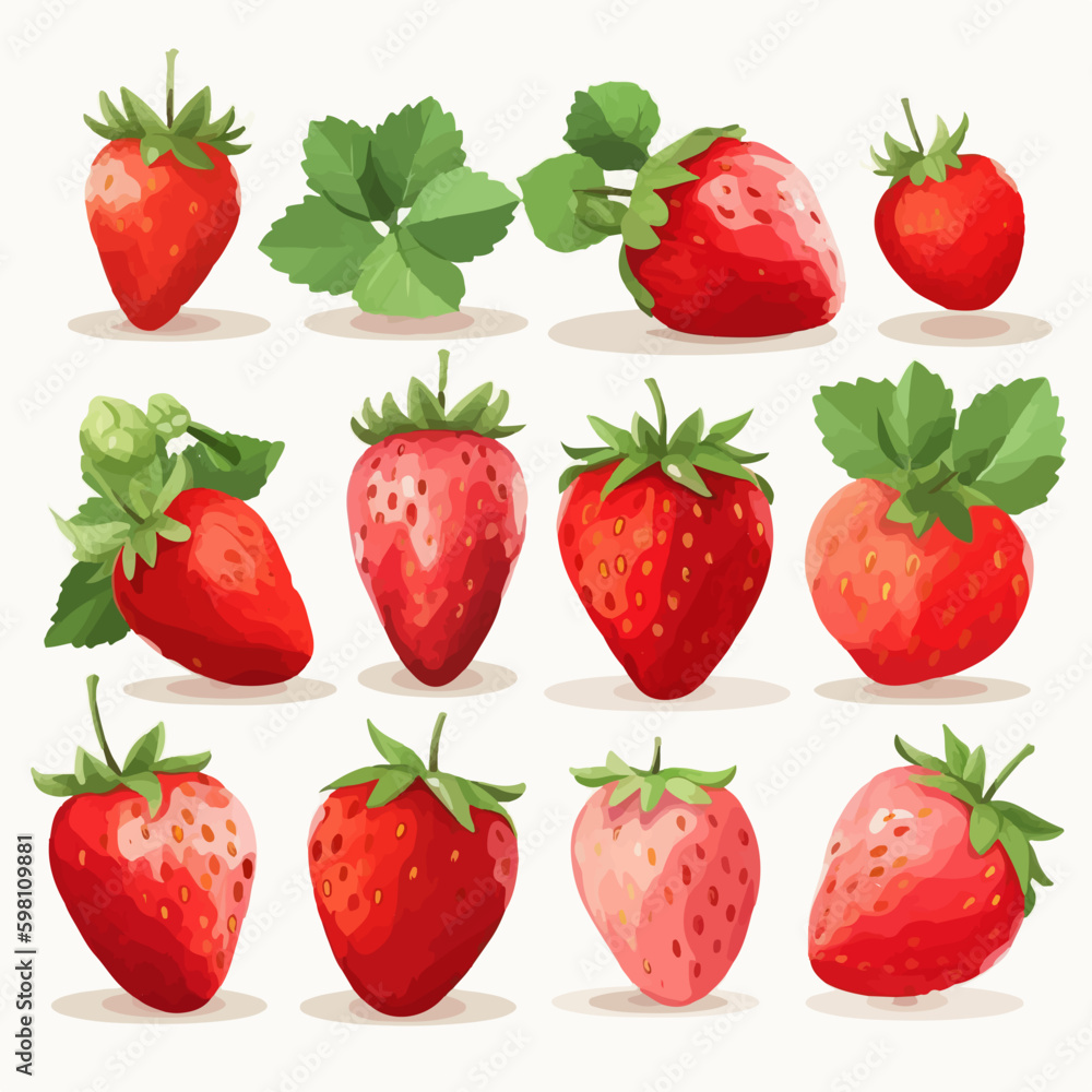 A pack of sweet strawberry stickers designed as vector illustrations. A pack of sweet strawberry stickers designed as vector illustrations.