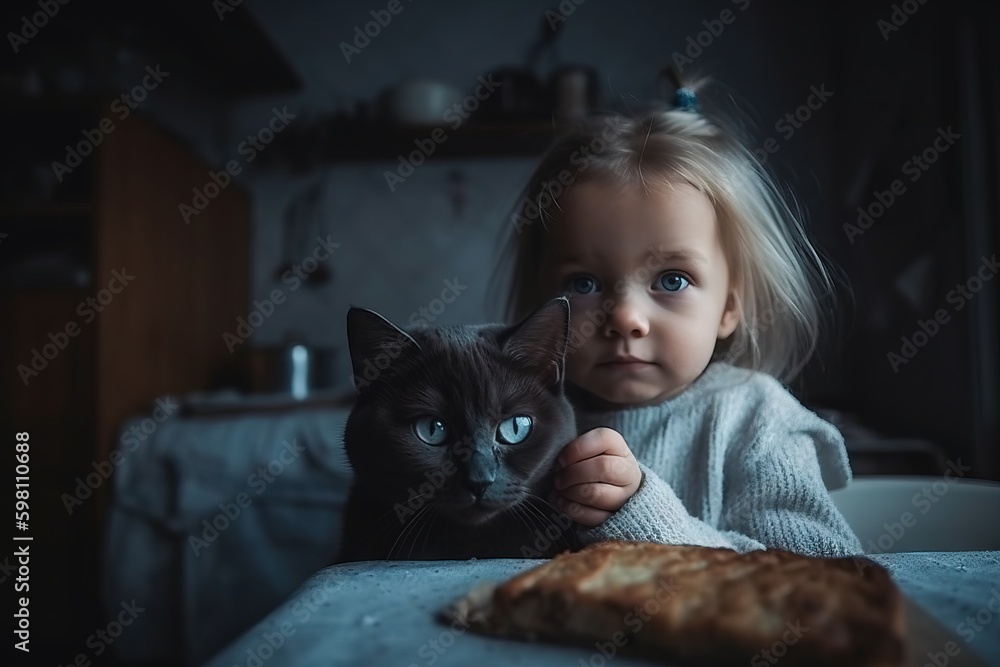 baby girl with black cat having breakfast in the kitchen
