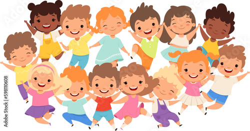 Funny kids group. Happy faces expressions, positive multicultural children, fun smiling friends portrait isolated vector illustration