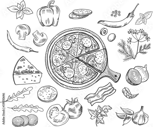 Italian pizza doodle ingredients. Pizzeria food elements sketch, tomato pepperoni cheese mushrooms sliced olives doodles vector illustrations