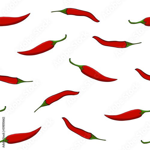 Seamless pattern of hand-drawn chilly pepper, for background, packaging, textile, and banner, on white background