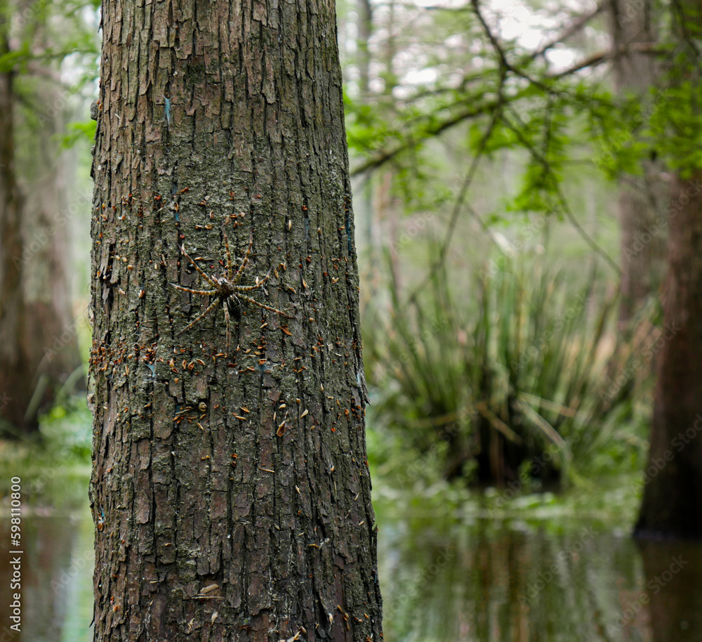 Cypress tree with a spider on the bark in the Louisiana swamp and bayou