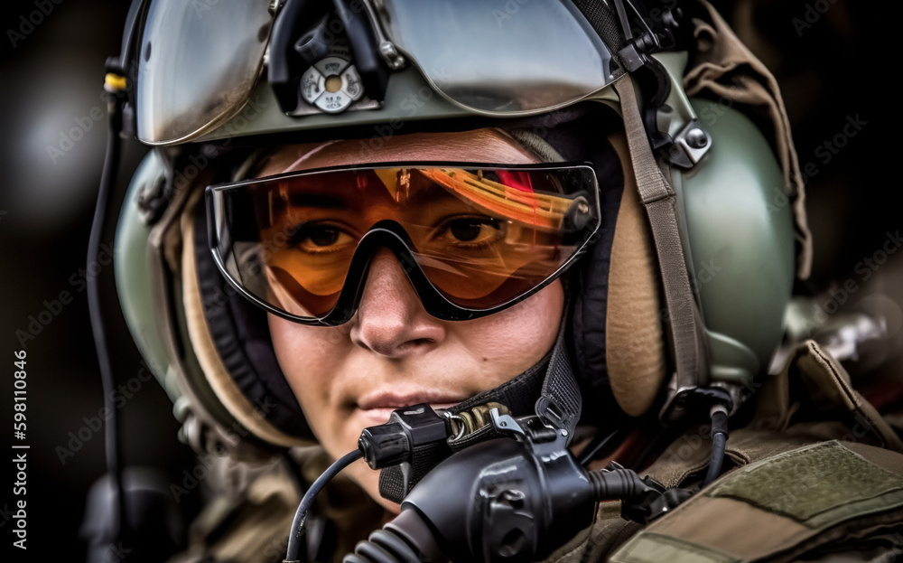 fighter woman pilot at airfield on mission standby. Pilot Wearing Mask And Helmet with copy space, digital ai art fighter woman pilot at airfield on mission standby. Pilot Wearing Mask And Helmet with copy space, digital ai art