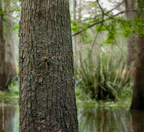 Cypress tree with a spider on the bark in the Louisiana swamp and bayou