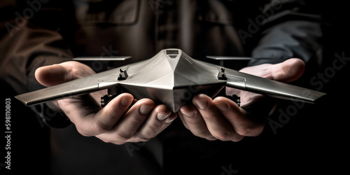 Male hands holding generic design military drone doing some settings ready to run. Cropped shot of man adjusting digital telemetry radio system. © Viks_jin