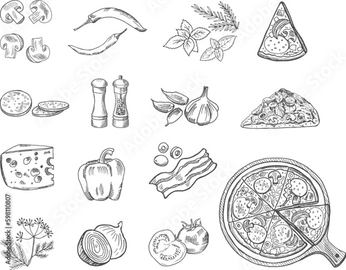 Pizza ingredients sketch. Italian pizzeria black doodle ingredeit set isolated, bacon herbs cheese mushrooms basil tomatoes salami onion